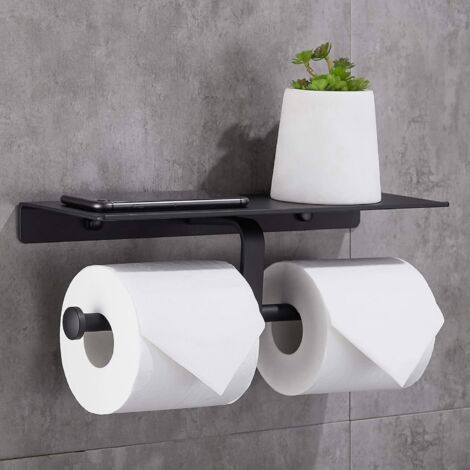 Porte Rouleau de Papier Toilette Hygiénique Sans Perage avec Etagère de Téléphone Portable Support Mural Double pour Salle de Bains (Noir)