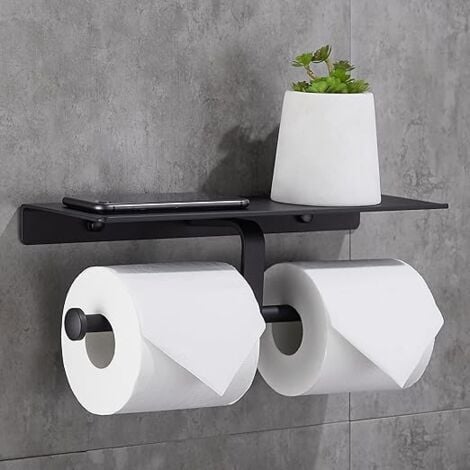 LIVE HOUSE Gricol Porte Rouleau de Papier Toilette Hygiénique sans Perçage avec Etagère de Téléphone Portable Support Mural Double pour Salle de Bains (Noir)