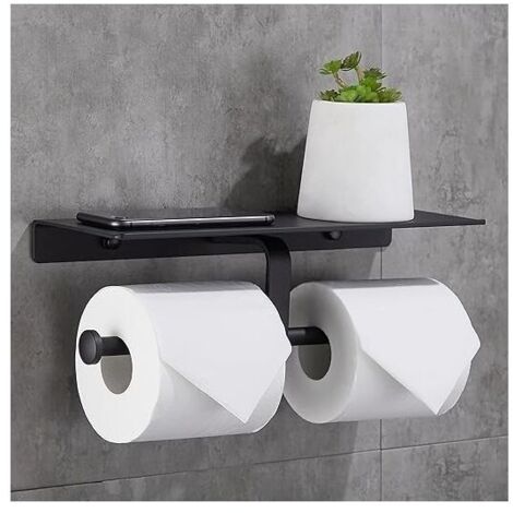 Porte Rouleau de Papier Toilette Hygiénique sans Perçage avec Etagère de Téléphone Portable Support Mural Double Porte-papier toilette pour Salle de Bains (Noir)