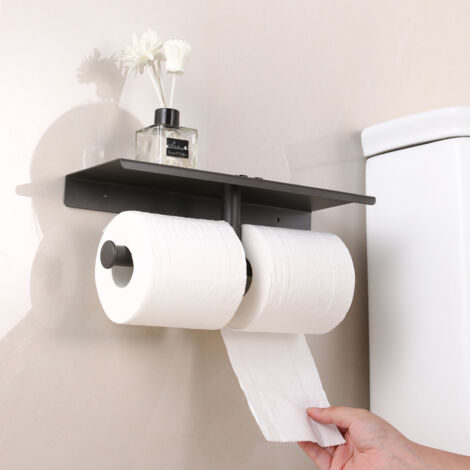 Porte Rouleau de Papier Toilette Hygiénique sans Perçage avec Etagère de Téléphone Portable Support Mural Double pour Salle de Bains (Noir)