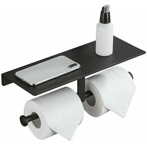 Porte Rouleau de Papier Toilette Hygiénique sans Perçage avec Etagère de Téléphone Portable Support Mural Double pour Salle de Bains (Noir)