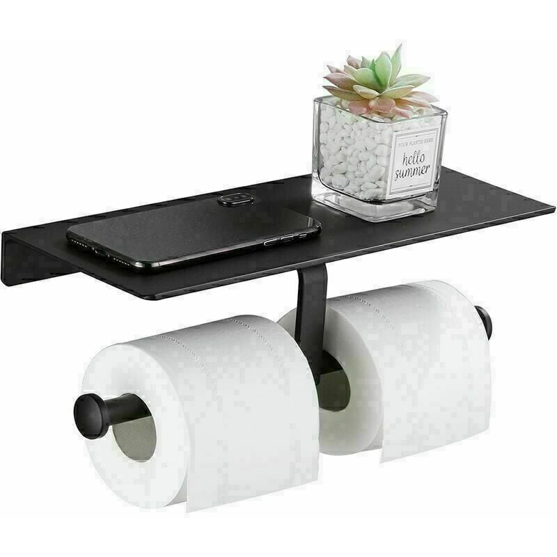 Porte Rouleau de Papier Toilette Hygiénique Sans Perage avec Etagère de Téléphone Portable Support Mural Double pour Salle de Bains (Noir)