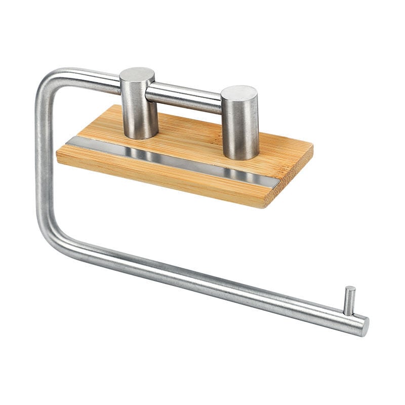 Porte-rouleau de papier toilette mural salle de bain porte-mouchoirs auto-adhésif en acier inoxydable et bambou