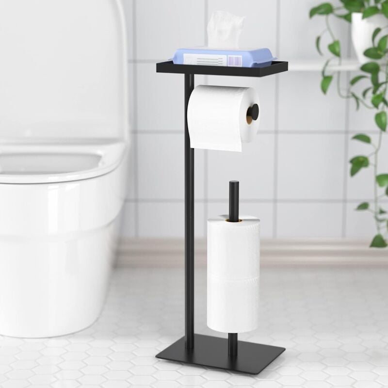 Porte-Rouleau de Papier Toilette sur Pied avec étagère de Rangement supérieure, Support de Papier Toilette Noir, Distributeur de Papier Toilette au