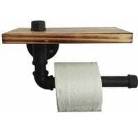 Porte-rouleau en Papier Toilette Design Rétro Métal Tube Étagère Ensemble de Rangement avec Plateau en bois Noir