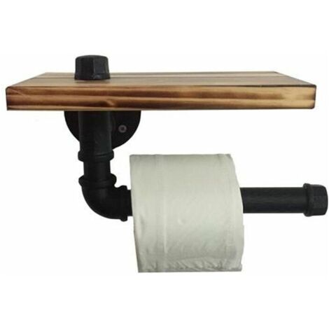 Porte-rouleau en Papier Toilette Design Rétro Métal Tube Étagère Ensemble de Rangement avec Plateau en bois Noir
