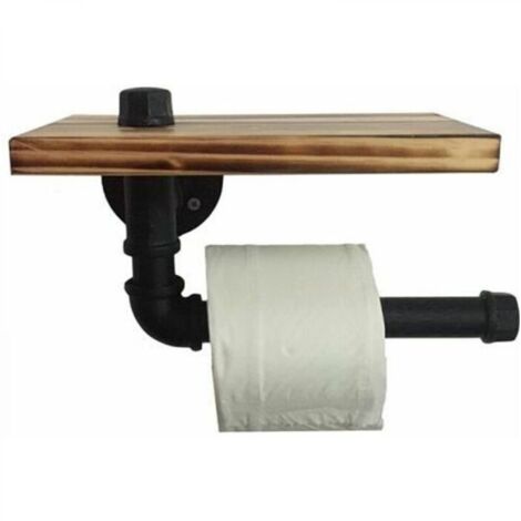 Porte-rouleau en Papier Toilette Design Rétro Métal Tube Étagère Ensemble de Rangement avec Plateau en bois Noir