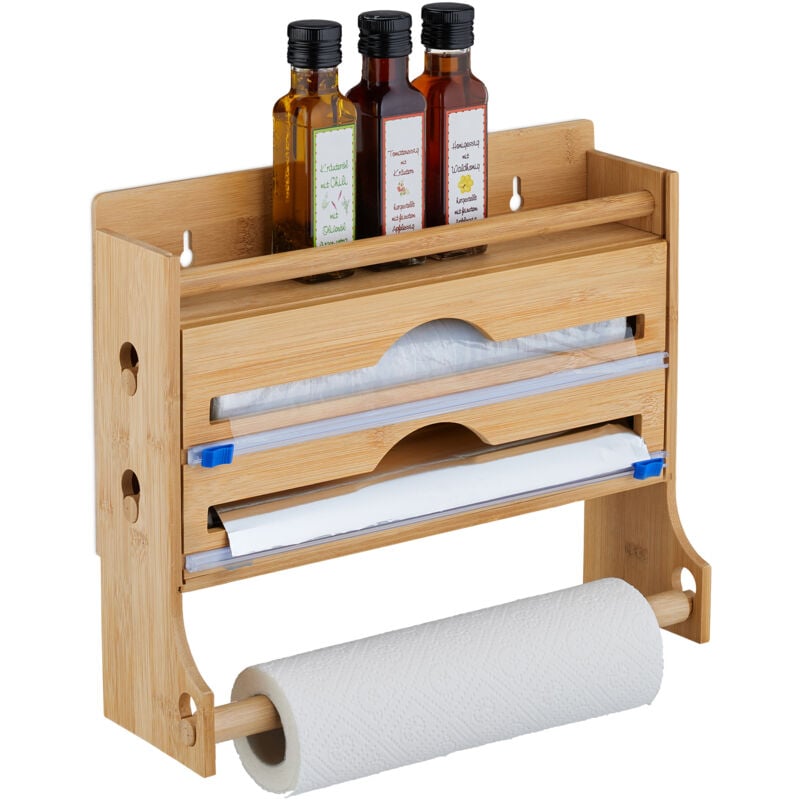 Distributeur papier aluminium et film alimentaire 3 en 1, porte-rouleaux mural, bambou, 30,5x36,5x12cm, nature - Relaxdays