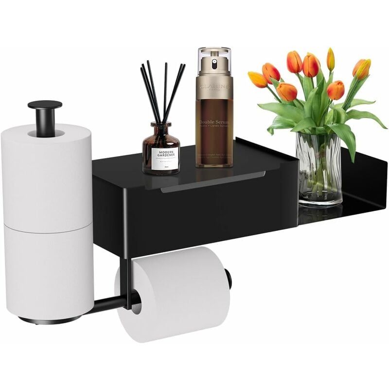 Porte Rouleau Papier Toilette Auto-adhésif Support Papier Toilette sur Pied avec Boît à Lingettes Humides,pour Salle de Bain Noir