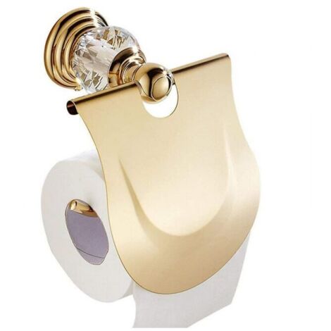 Porte Rouleau Papier Toilette brillant avec Rabat et Distributeur Papier WC avec Couvrture Finition Or Fixation Murale en Métal Doré, Accessoirs Toilettes Salles de Bains