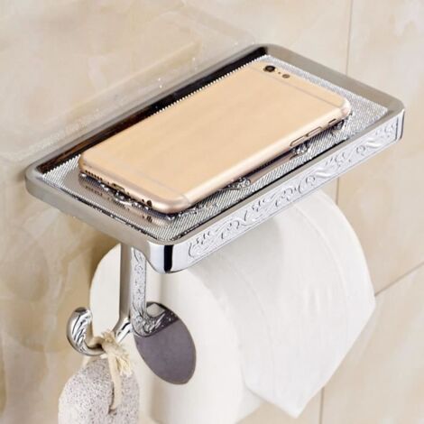 Porte-Rouleau pour Papier Toilette WC Mural Dérouleur Distributeur Papier WC Inox Support de Téléphone pour Salle de Bains Argente