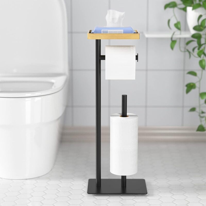 Porte-Rouleau/Distributeur de Papier Toilette sur Pied au Sol avec étagère de Rangement supérieure en Bambou, 4 Rouleaux de réserve
