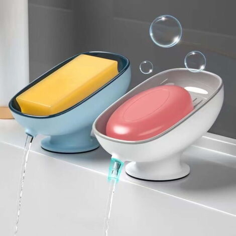 Porte-savon à ventouse avec système d'évacuation automatique, idéal pour les salles de bains, les cuisines et les toilettes. Disponible en gris et en bleu.