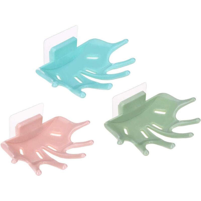 Porte-savon autocollant avec ventouse puissante, en plastique, à fixer au mur et doté de trous transparents. Disponible en bleu, rose et vert.