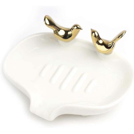 Porte-savon autonettoyant en céramique blanche avec oiseaux dorés, style cascade, idéal pour les savons en barre, pour la salle de bain et la douche.