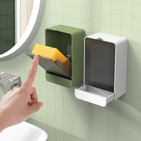 Porte-Savon avec Couvercle,Boite Savon Support Mural,Porte Savon sans Perçage,Bac De Vidange Amovible pour Lavabo,Douche,Salle de Bain,Cuisine Blanc