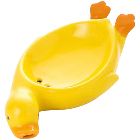 Porte-savon Céramique en Forme de Caneton, Plateau Décoratif avec Égouttoir, 17.5 x 11cm, Blanc/Jaune