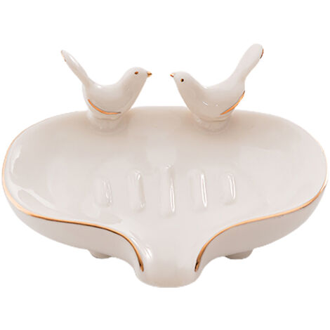 Porte-savon céramique style oiseau moderne, vide-savon drainant avec grille pour salle de bain, blanc