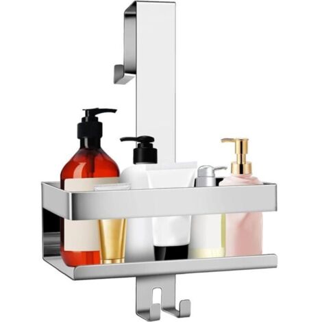 Porte-savon de douche à suspendre, avec crochets, réglable, sans perçage, pour porte en verre sans cadre, argenté.