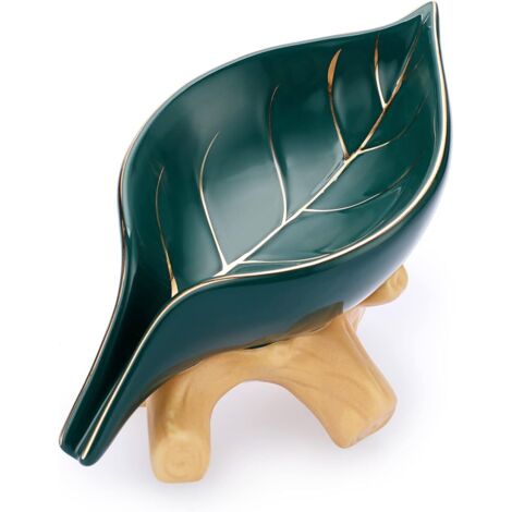 Porte-savon en céramique,   auto-drainant, plateau décoratif unique en forme de feuille avec effet cascade