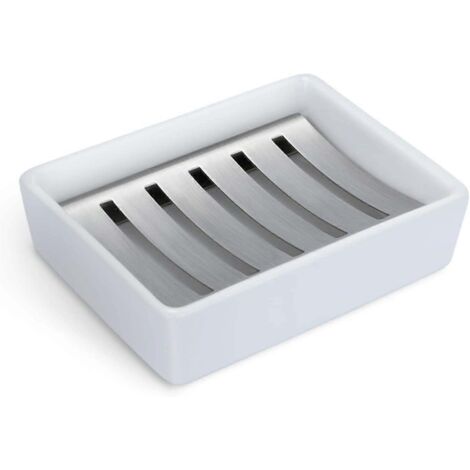 Porte-savon en céramique avec égouttoir en acier inoxydable pour salle de bain.