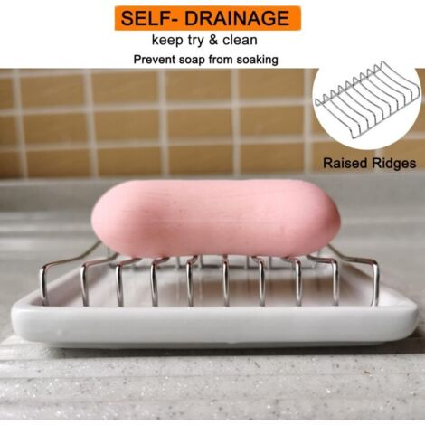 Porte-savon en céramique avec plateau de drainage en acier inoxydable - Porte-savon auto-drainant - Porte-éponge pour douche, salle de bain, évier de cuisine