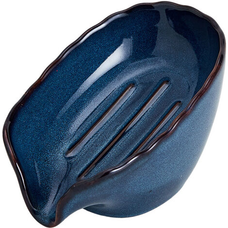 Porte-savon en céramique bleue, porte-savon à drainage automatique, porte-savon en forme de feuille
