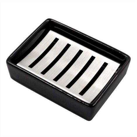 Porte-savon en céramique et acier inoxydable 304, double couche, auto-drainant, économiseur de savon durable, facile à nettoyer, pour salle de bain (noir)