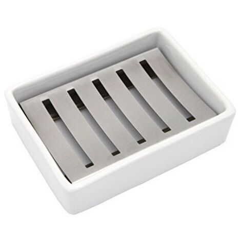 Porte-savon en Céramique et Acier inoxydable avec Égouttoir pour Salle de bain et Douche