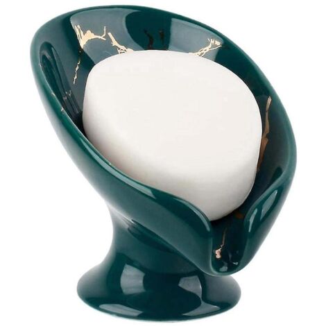 Porte-savon en céramique, imitation marbre, en forme de feuille, vert, avec égouttage intégré. Idéal pour la salle de bain.