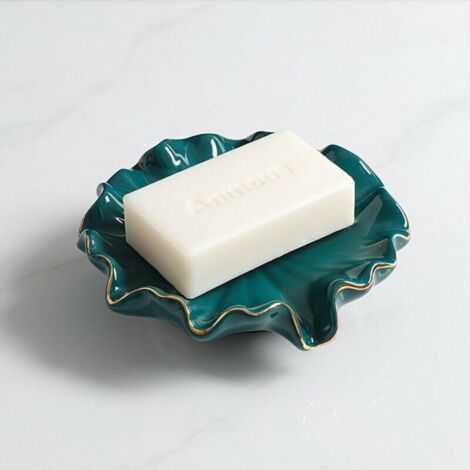 Porte-savon en céramique, porte-savon de vidange, porte-savon en forme de feuille de lotus de salle de bain (vert)