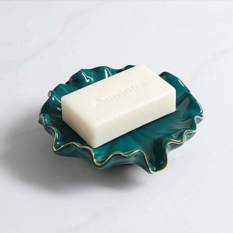 Porte-savon en céramique, porte-savon de vidange, porte-savon en forme de feuille de lotus de salle de bain (vert)