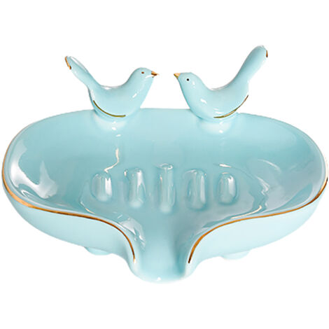 [Porte-savon en Céramique] Porte-savon en Céramique Déco Moderne Style Oiseau avec Drainage pour Salle de Bain - Coffret Bleu, 13.7cm