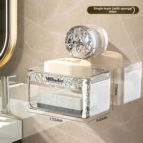 Porte-savon mural à ventouse monocouche avec éponge et nœud argenté, non perforé, étagère de rangement haut de gamme pour évier de salle de bain.