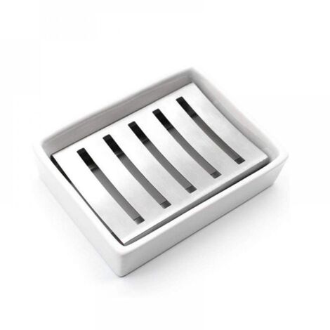 Porte-savon - OKUMGGYJ - Céramique et Acier Inoxydable - 8,8 x 11,5 x 3 cm - Multifonction - Design Classique