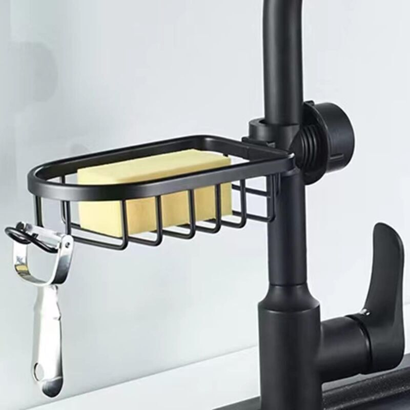 Porte-Savon pour Barre de Douche avec Crochet - Étagère sans Perçage, Panier, Organisateur pour Éponge et Accessoires - Pour Tige de 20-27 mm (Noir)