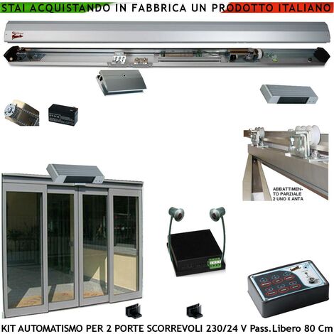 Porte Scrigno Esistenti Kit Automatismo 2 Ante da 450 mm Passaggio Libero 800 mm Trasmissione a Cinghia 2 Pinze Ruote Autolubr. Antischiac. 2 Sensori Avvic. 2 Abbattim. Parziale Selett. Alim. 230/24 V