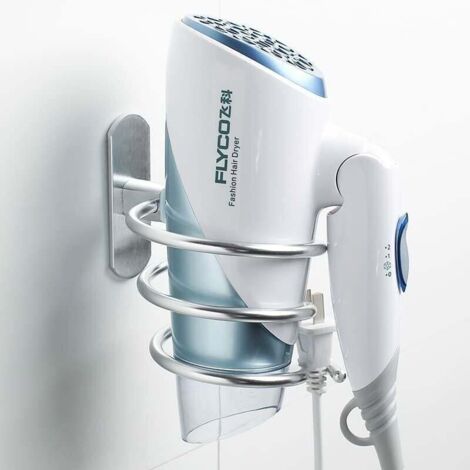 Porte-sèche-cheveux sans perçage Porte-sèche-cheveux en acier inoxydable Porte-sèche-cheveux auto-adhésif avec adhésif pour salle de bain/chambre/balcon argent