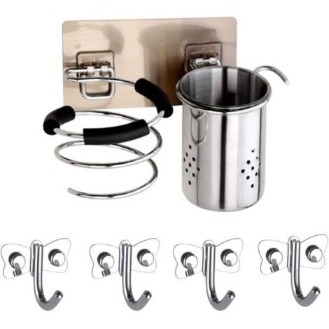 Porte-Sèche-Cheveux,Porte seche Cheveux Support pour sèche-Cheveux Acier Inoxydable Auto-adhésifs sans poinçon Sèche-Cheveux