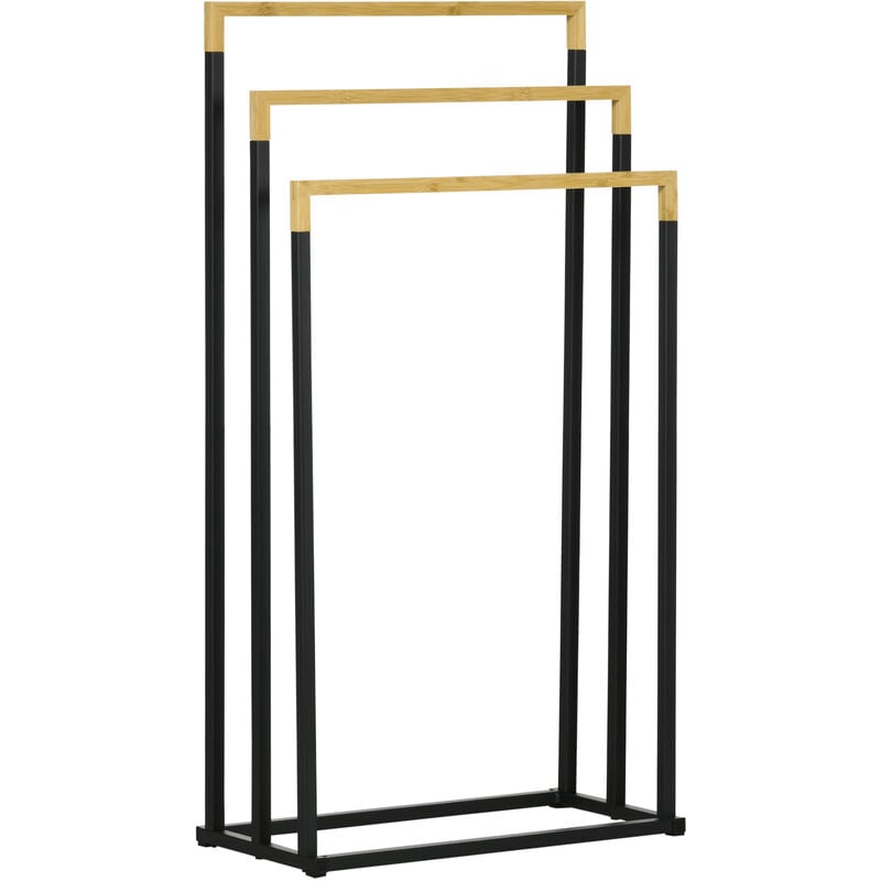 Porte-serviette autoportant 3 barres - dim. 45L x 22l x 86H cm - bois bambou acier noir