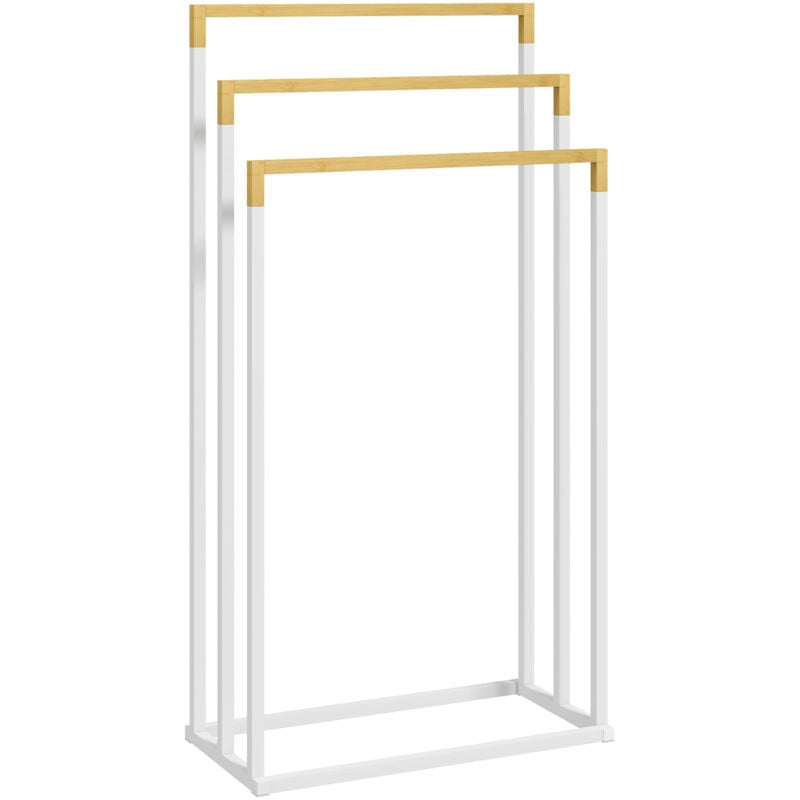 Porte-serviette autoportant 3 barres - dim. 45L x 22l x 86H cm - bois bambou acier blanc
