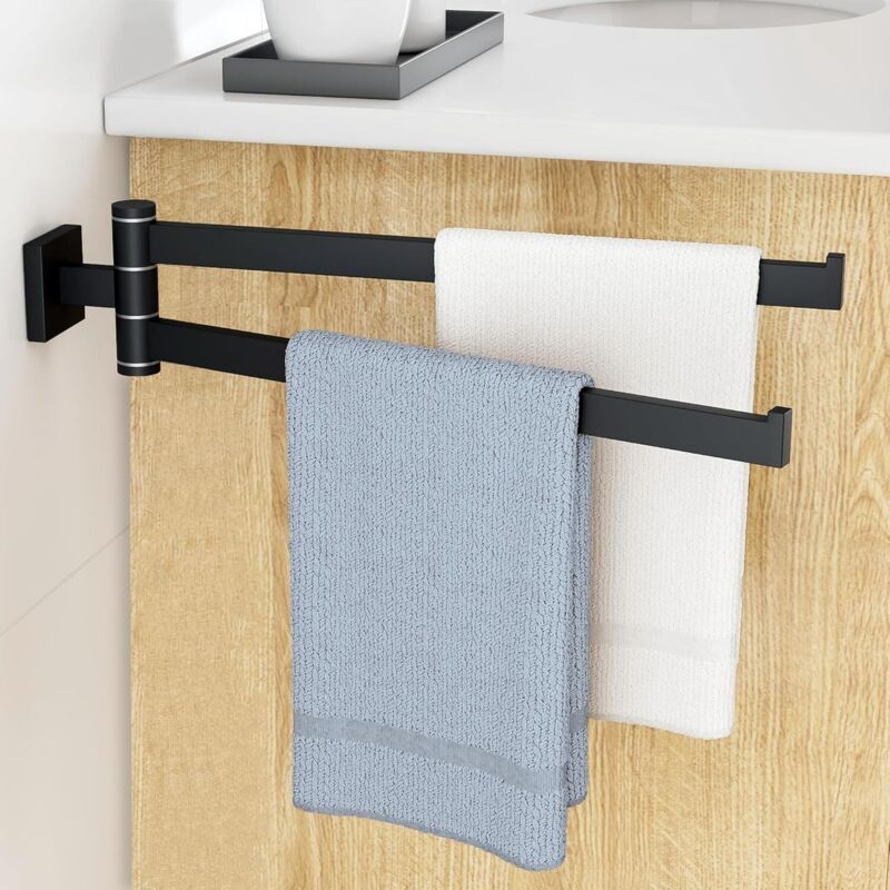 Porte Serviette avec 2 Barres Salle de Bain, Porte Serviette Mural 180° Rotatives en Acier Inoxydable, Sèche-Serviettes Oganizer, 40CM Noir Mat,