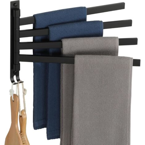 Porte Serviette avec 4 Barres 180° Rotatives, Support Sèche-Serviettes Mural en Acier Inoxydable SUS304, Idéal pour Salle de Bain et Cuisine, Noir Mat Montage par Vis, EGKN2520HD-4-B