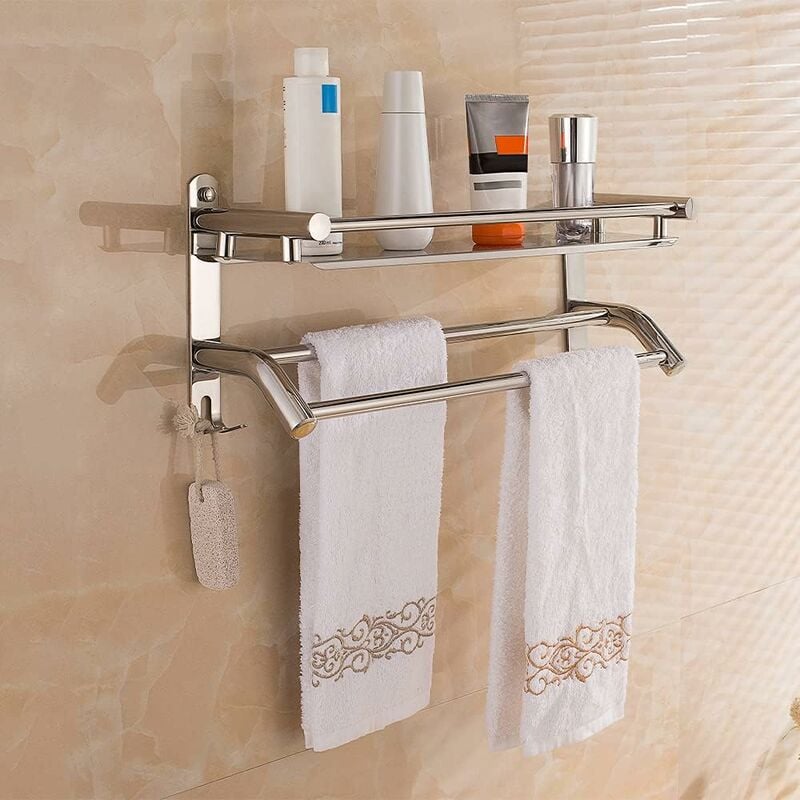 Porte Serviette Chromé étagère Serviette Barres Porte-Serviettes en Acier Inoxydable étagère Serviette Salle de Bain Porte Serviettes avec étagère et