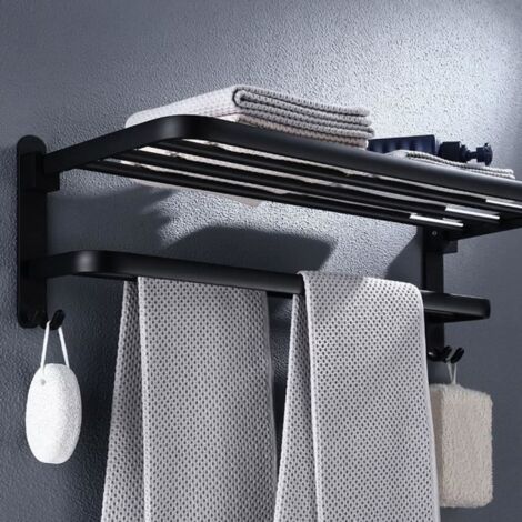 Porte Serviette Etagère Mural - noir pliable Hôtel salle bain