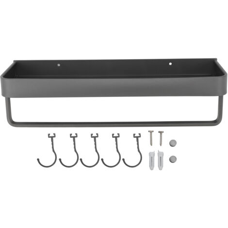 Porte-serviette mural en aluminium spatial sans perçage - Étagère de rangement salle de bain avec crochets, 40x12.5x4cm - Ensemble étagère + barre + 5 crochets