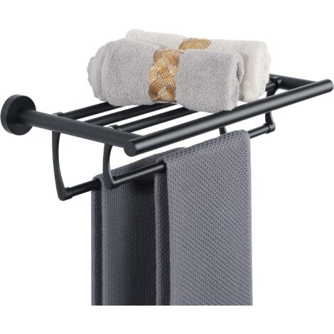 Porte Serviette Mural en Double Barres avec Étagère, Range Support Serviette en Acier Inoxydable pour Salle de Bain Cuisine Toilette, 40CM Noir Mat, EGDL2208-40-B