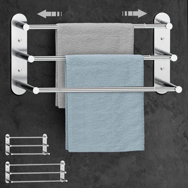 Debuns - Porte Serviette Murale Salle de Bain - Extensible 37-70 cm - Acier Inoxydable sans Forage et Forage 2 méthodes d'installation