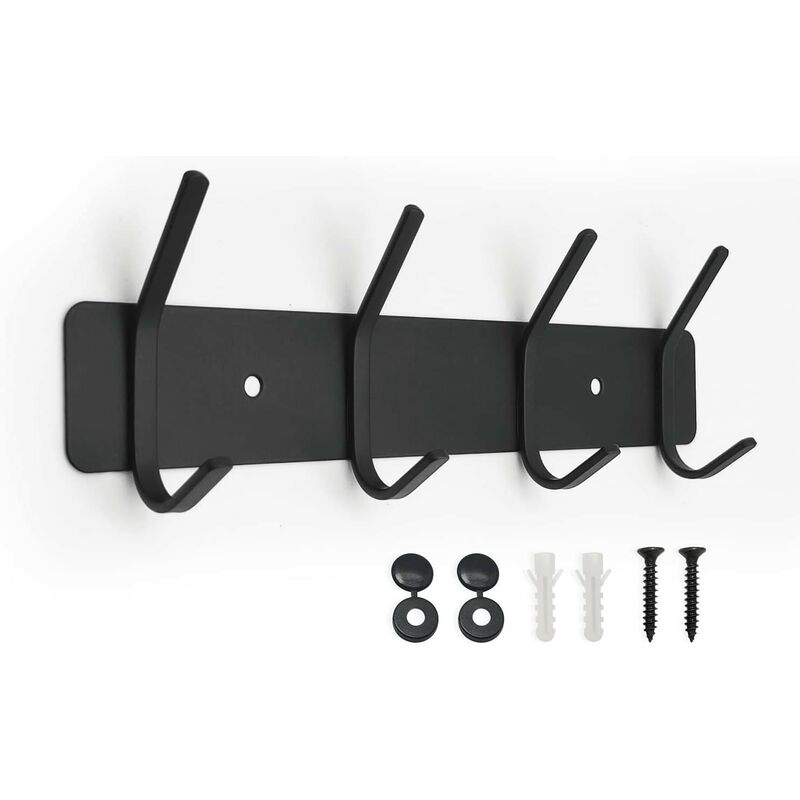 Kinsi - Porte-serviette- Patère murale avec 4 tringles de suspension, noire, 30 cm