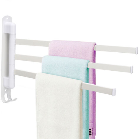 Porte-serviette pivotant en stainless steel 304, barre à serviettes mural pivotante 3 bras, blanc, installation simple pour gain de place